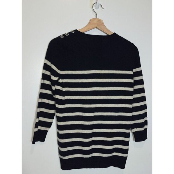 Bloomingdale's Cashmere Button Shoulder Navy Striped Sweater Women's Size M - Picture 3 of 6